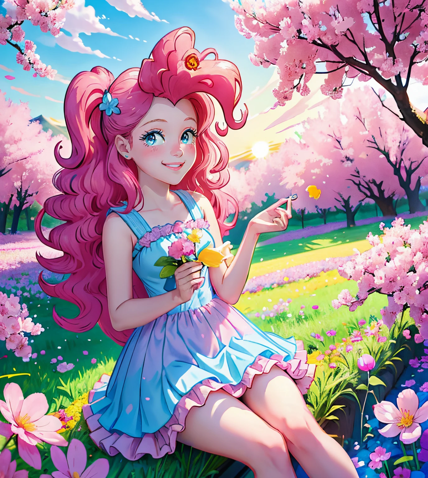 My little pony pinkie pie, pinkie pie, pinkie pie in the form of a girl, long dark pink hair, blue eyes, long pink and blue frilly dress, white frilly thigh high, small pink heels, blue sky, pink clouds, ((sitting in a pink and blue flower field)), staring at viewers, (light pink skin 1.5), soft blush, happy smile, soft smile, holding flowers, blue balloons flying everywhere, ((sunrise 1.0)), highly detailed lighting, yellow light, in a beautiful flower field, pink and blue flowers everywhere, blue eyeshadow (( BLUE EYES 2.0 )), flowers everywhere, SITTING UNDER A TREE HOLDING FLOWERS, pink skin, bubbles and ballon all around, cherry blossoms trees everywhere, in a cherry blossom forest