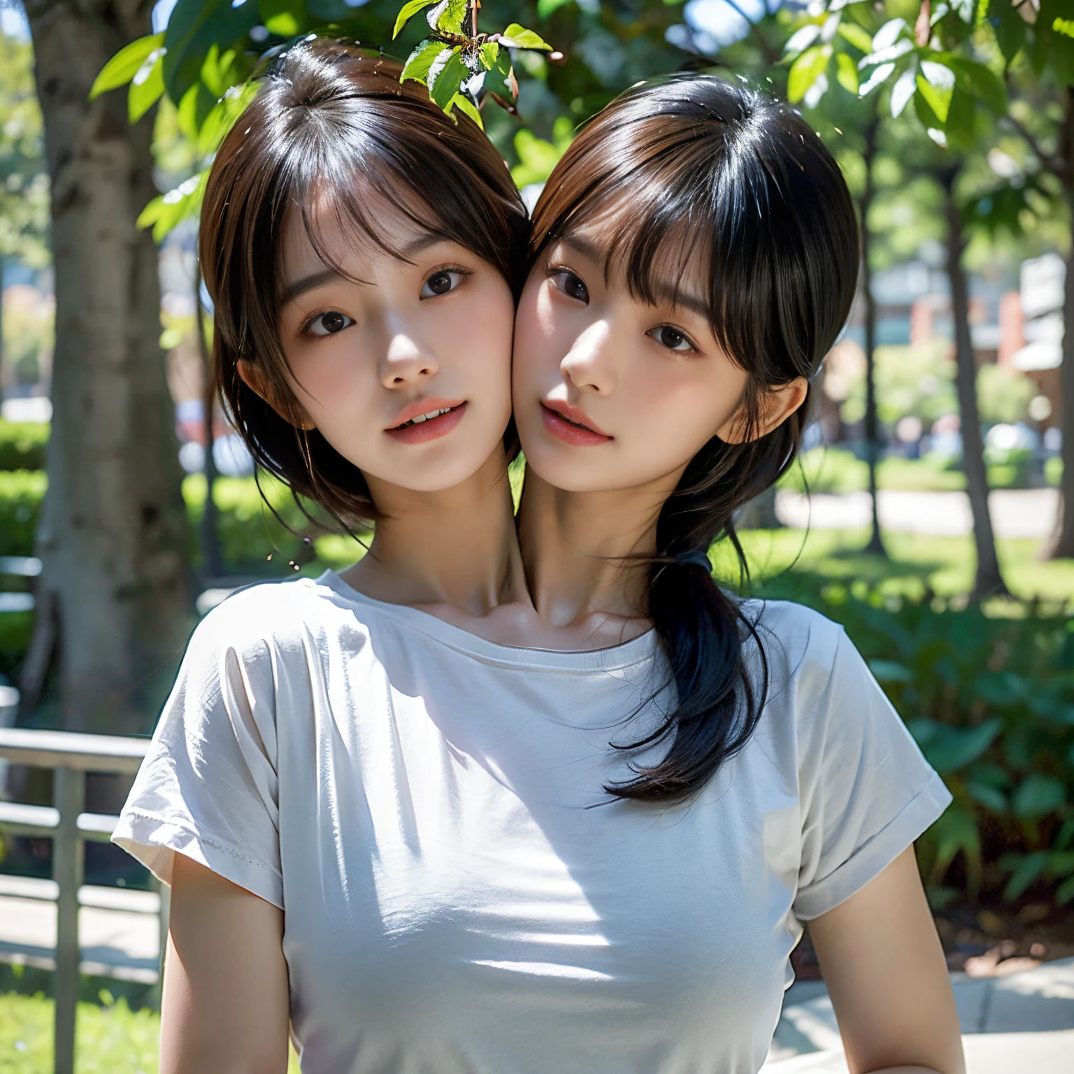 (best quality, 2heads, asian girl with two head kissing girl on cheek, different hair bangs, tied hair, half color t-shirt,park background,)