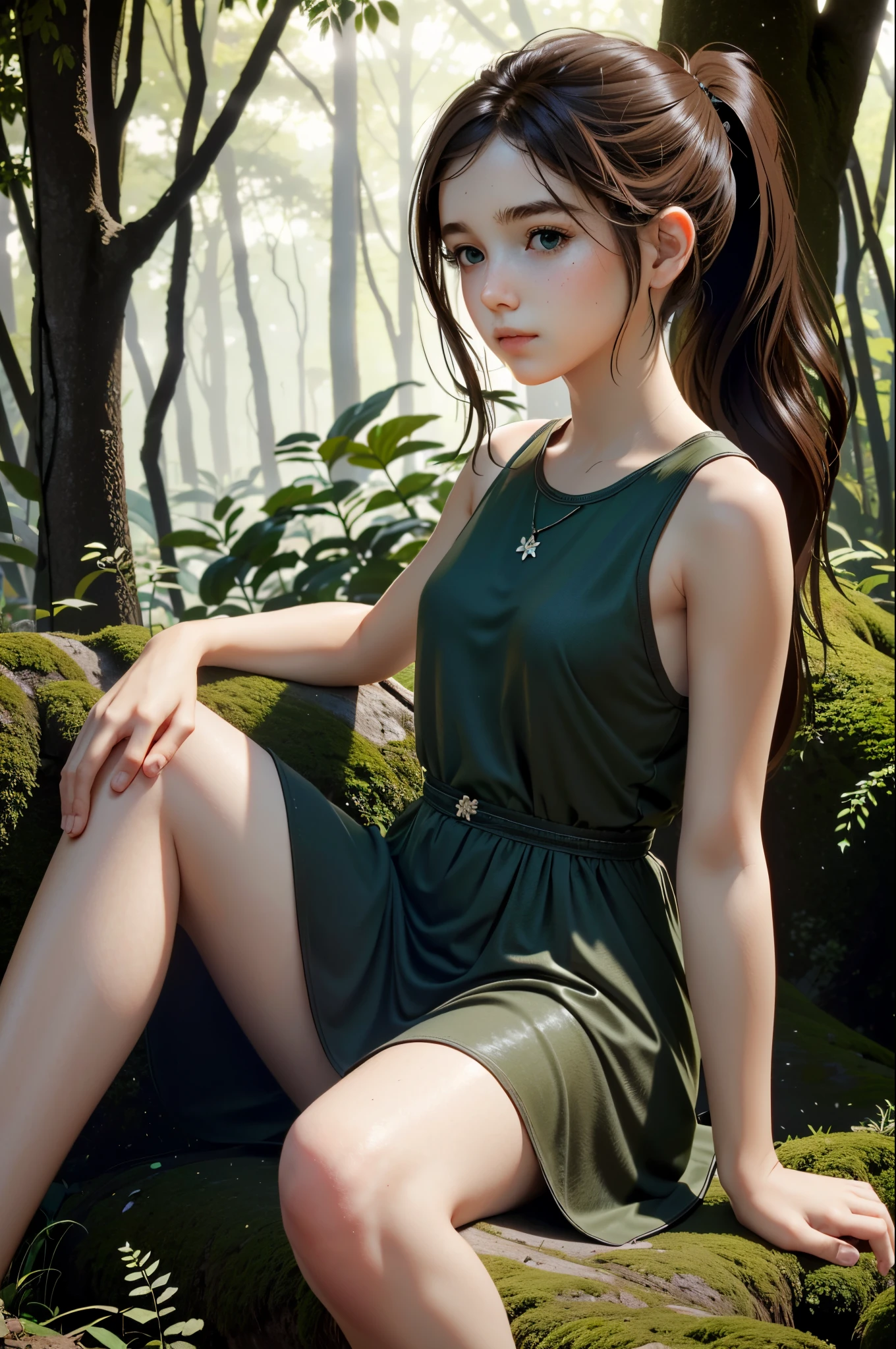 (masterpiece, best quality: 1.3) EllieTLOU, 1 girl, brown hair, long hair, ponytail, sitting, abandoned in a forest, Green Plants, soft lighting, realistic, SMOOTH FACE, full body photo, torso, dress, perfect eyes, clear