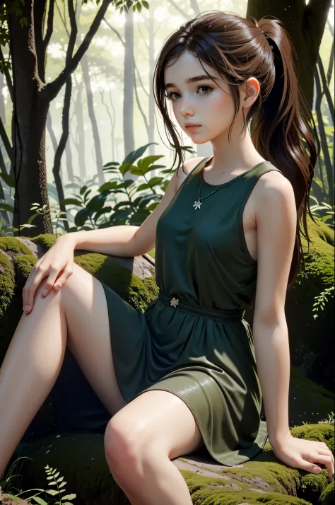 (masterpiece, best quality: 1.3) EllieTLOU, 1 girl, brown hair, long hair, ponytail, sitting, abandoned in a forest, Green Plant...