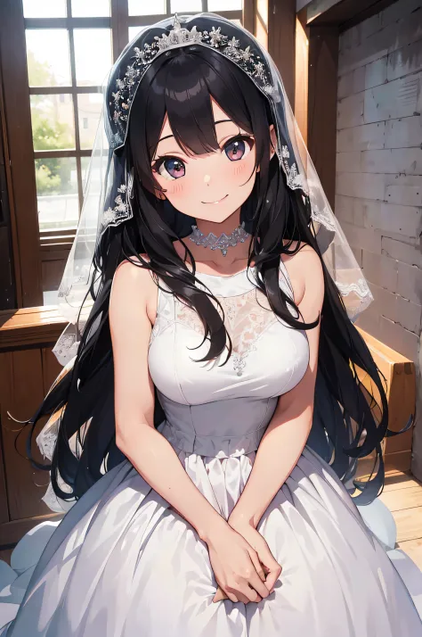 25-year-old bride、very smiling、wearing a wedding veil、wearing a prom dress、the place is chapel、plain but cute、long black hair、th...