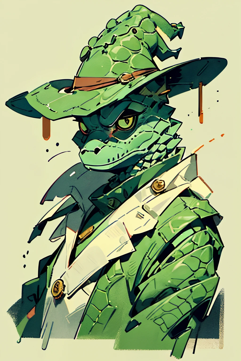crocodilo humanóide antropomórfico, Vestindo roupas de bruxa, Cara de crocodilo, cara de réptil, fundo do pântano