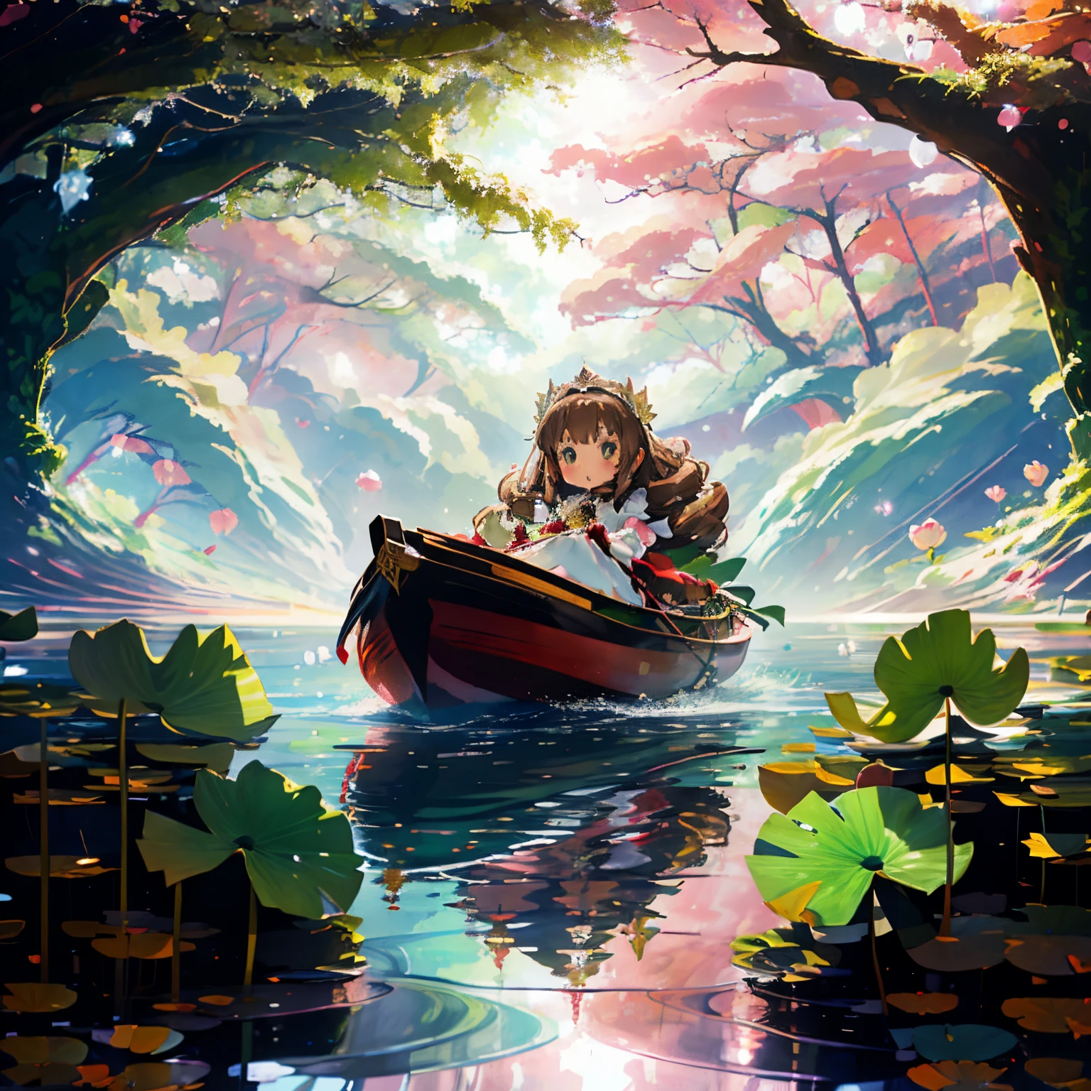 A beautiful river and large lotus leaves in the forest,lotus leaf boat,A little girl is riding a lotus leaf boat,Princess Oyayubi,fluffy voluminous hair,Pretty princess,lightbrown hair,Fluffy pink, white and red princess-like dress,Slight red tide,Kamimei,a frog is swimming in the water,little fairies are flying around,Sparkling water surface and light