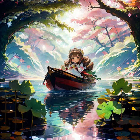 A beautiful river and large lotus leaves in the forest,lotus leaf boat,A little girl is riding a lotus leaf boat,Princess Oyayubi,fluffy voluminous hair,Pretty princess,lightbrown hair,Fluffy pink, white and red princess-like dress,Slight red tide,Kamimei,...