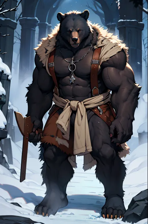 Black bear, werewolf bear, (black skin:1,6), all covered with wool, dressless, Medieval times, bear, bear on two legs, a bear covered only with fur and without clothes, A big bear, (wild bear:1,5), one bear, in full height