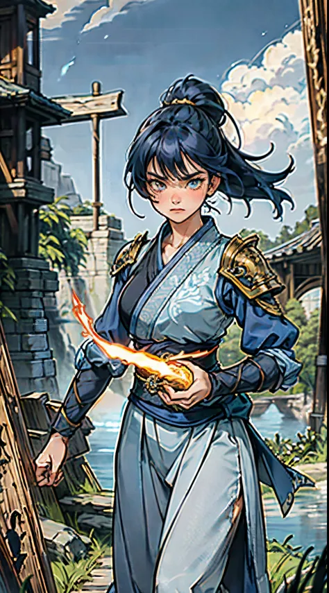 A young women, indigo blue hair, raised and fluffy short hairstyle, sharp gaze, a serious expression, a fantasy martial arts style sky-blue fabric kung fu outfit, tattered sleeves, hands wrapped with cords, a linen belt tied around the waist, coarse fabric...