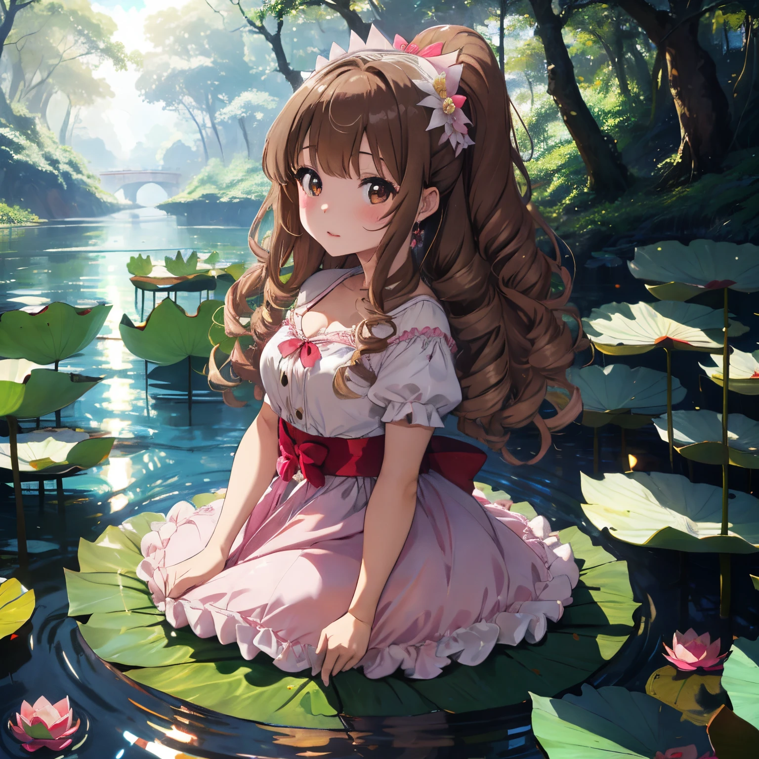 Beautiful river and big lotus leaves in the forest,lotus leaf boat,A little girl is riding on a lotus leaf boat。,Princess Oyayubi,fluffy voluminous hair,Pretty Princess,lightbrown hair,fluffy pink, white and red princess dress,Slight red tide,Kamimei,frog is swimming in the water,little fairies flying around,Sparkling water surface and light