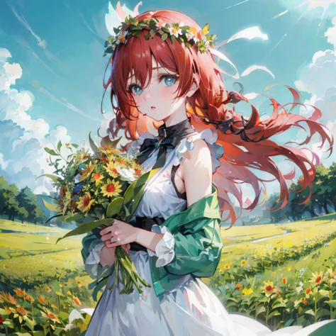 anime girl with red hair and wildflowers, rin, beautiful sunflower anime girl, official art, cushart krenz key art feminine, guw...