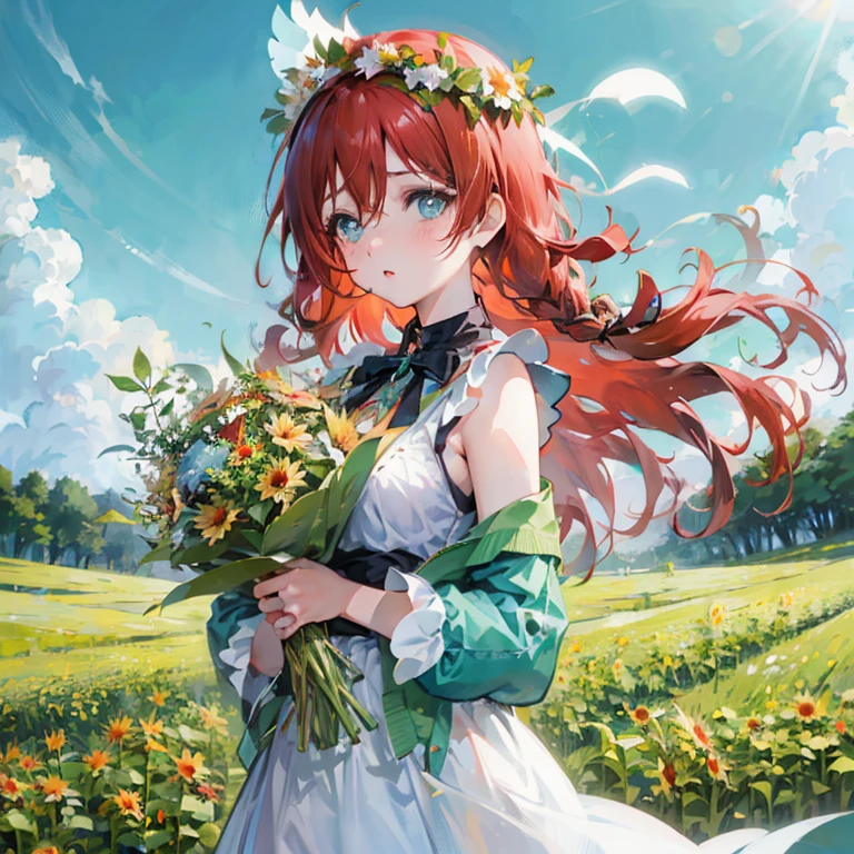 Anime girl with red hair and wildflowers, Rin, Beautiful sunflower anime girl, Official art, cushart krenz key art feminine, guweiz, Anime visuals of cute girls, guweiz on pixiv artstation, official anime artwork, ( ( ( yoshinari yoh ) ) ), Beautiful maiden, marin kitagawa fanart, goddess of spring