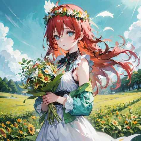 anime girl with red hair and wildflowers, rin, beautiful sunflower anime girl, official art, cushart krenz key art feminine, guw...