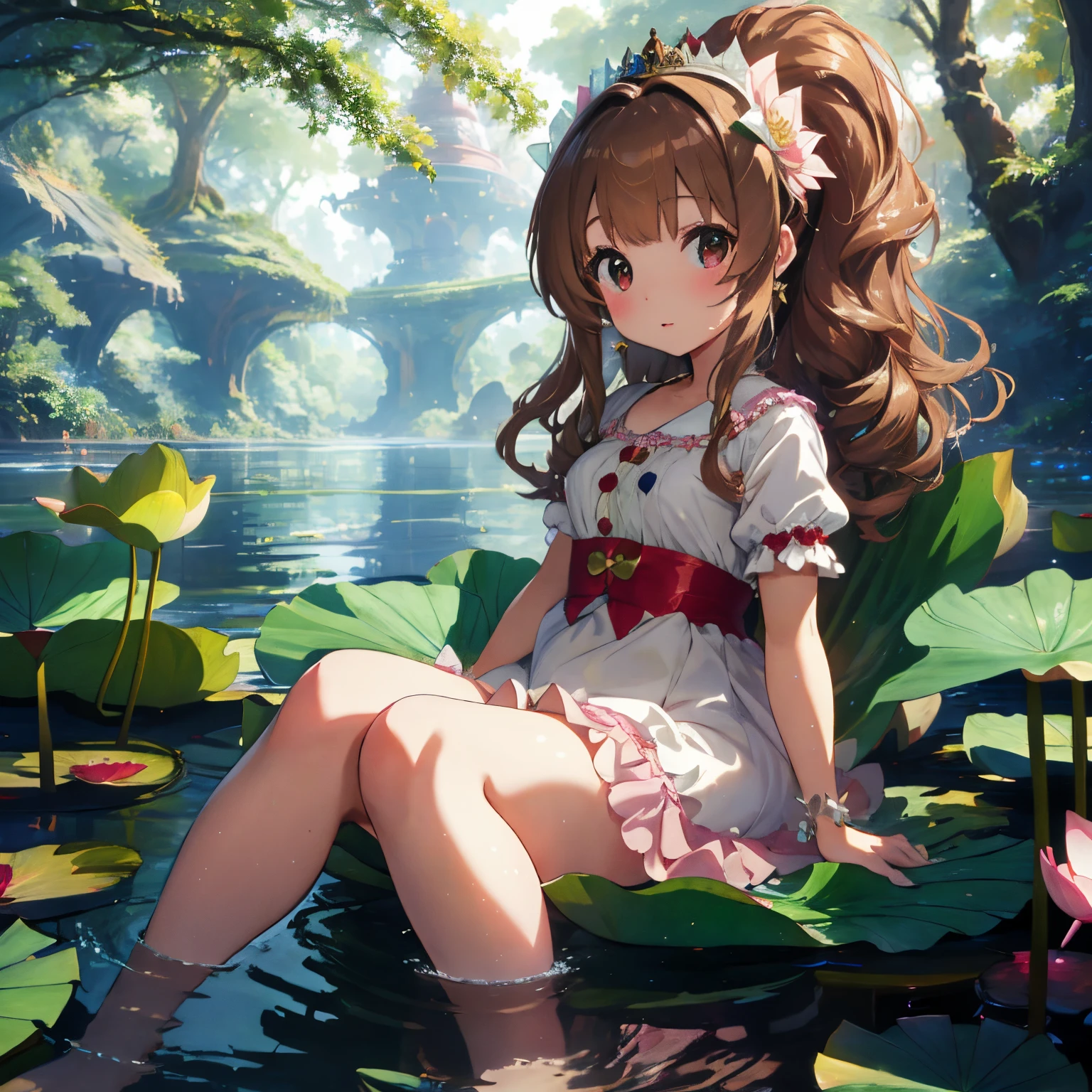 Beautiful river and big lotus leaves in the forest,lotus leaf boat,A little girl is riding on a lotus leaf boat。,Princess Oyayubi,fluffy voluminous hair,Pretty Princess,lightbrown hair,fluffy pink, white and red princess dress,Slight red tide,Kamimei,frog is swimming in the water,little fairies flying around,Sparkling water surface and light