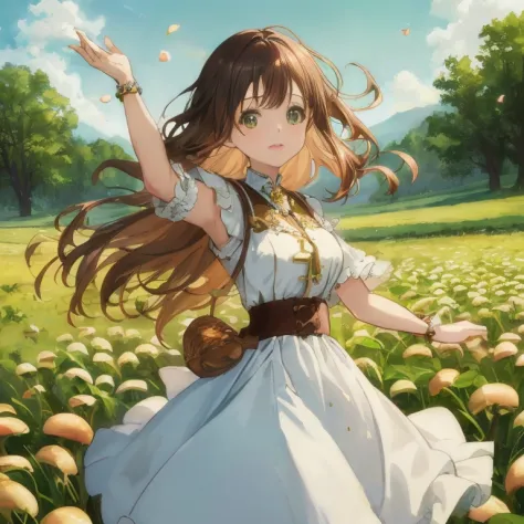 anime girl in mushroom field, girl dancing in a flower field, official art, official artwork, anime visuals of cute girls, high ...