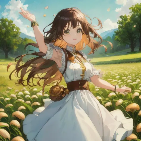 anime girl in mushroom field, girl dancing in a flower field, official art, official artwork, anime visuals of cute girls, high ...