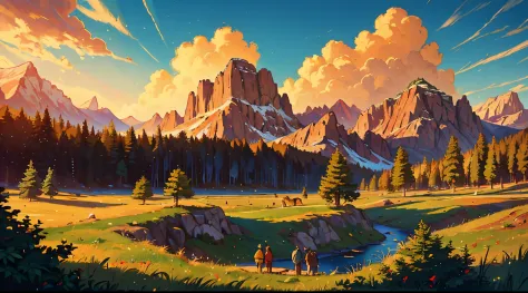 16k, massive details, ((complex details))) immense sky,field of a beautiful mountain pine forrest scene with a cute baby bear cu...