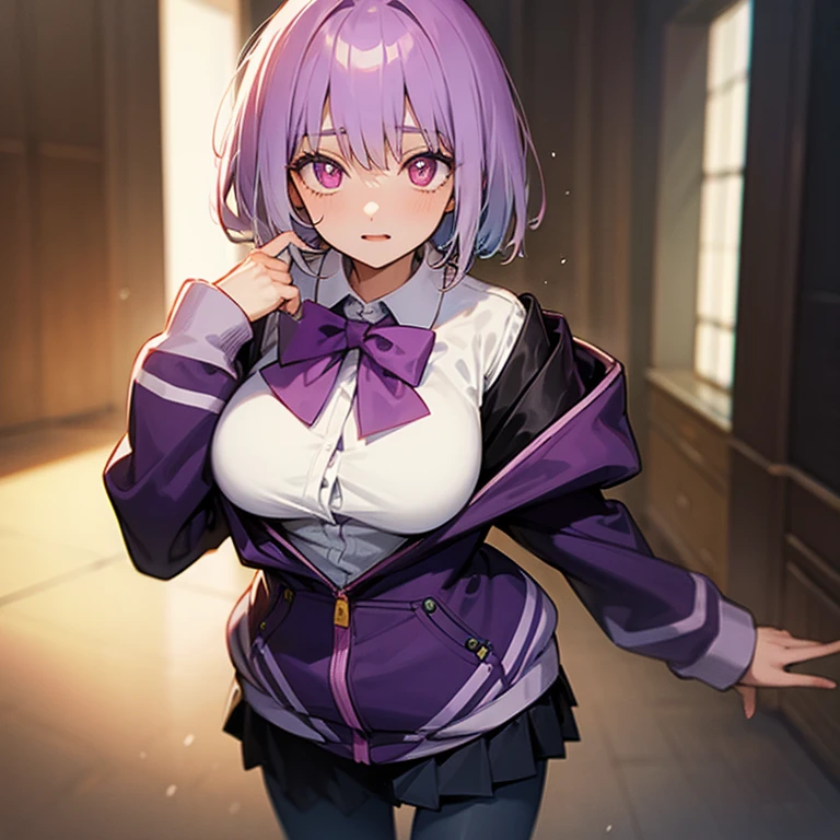 akaneshinjou, shinjou akane, light purple hair, (pink eyes:1.2), short hair,
BREAK black pantyhose, bow, collared shirt, hood, hooded jacket, jacket, open clothes, open jacket, open shirt, pantyhose, purple bow, purple jacket, school uniform, shirt, sleeves past wrists, unbuttoned shirt, white shirt,,
BREAK indoors, city,
BREAK looking at viewer, BREAK (masterpiece:1.2), best quality, high resolution, unity 8k wallpaper, (illustration:0.8), (beautiful detailed eyes:1.6), extremely detailed face, perfect lighting, extremely detailed CG, (perfect hands, perfect anatomy),