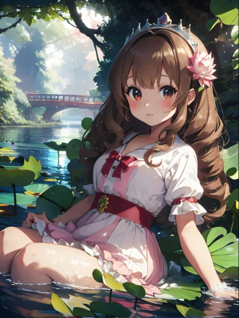 Beautiful river and big lotus leaves in the forest,lotus leaf boat,A little girl is riding on a lotus leaf boat。。,Princess Oyayubi,fluffy voluminous hair,Pretty Princess,lightbrown hair,fluffy pink, white and red princess dress,Slight red tide,Kamimei,frog...