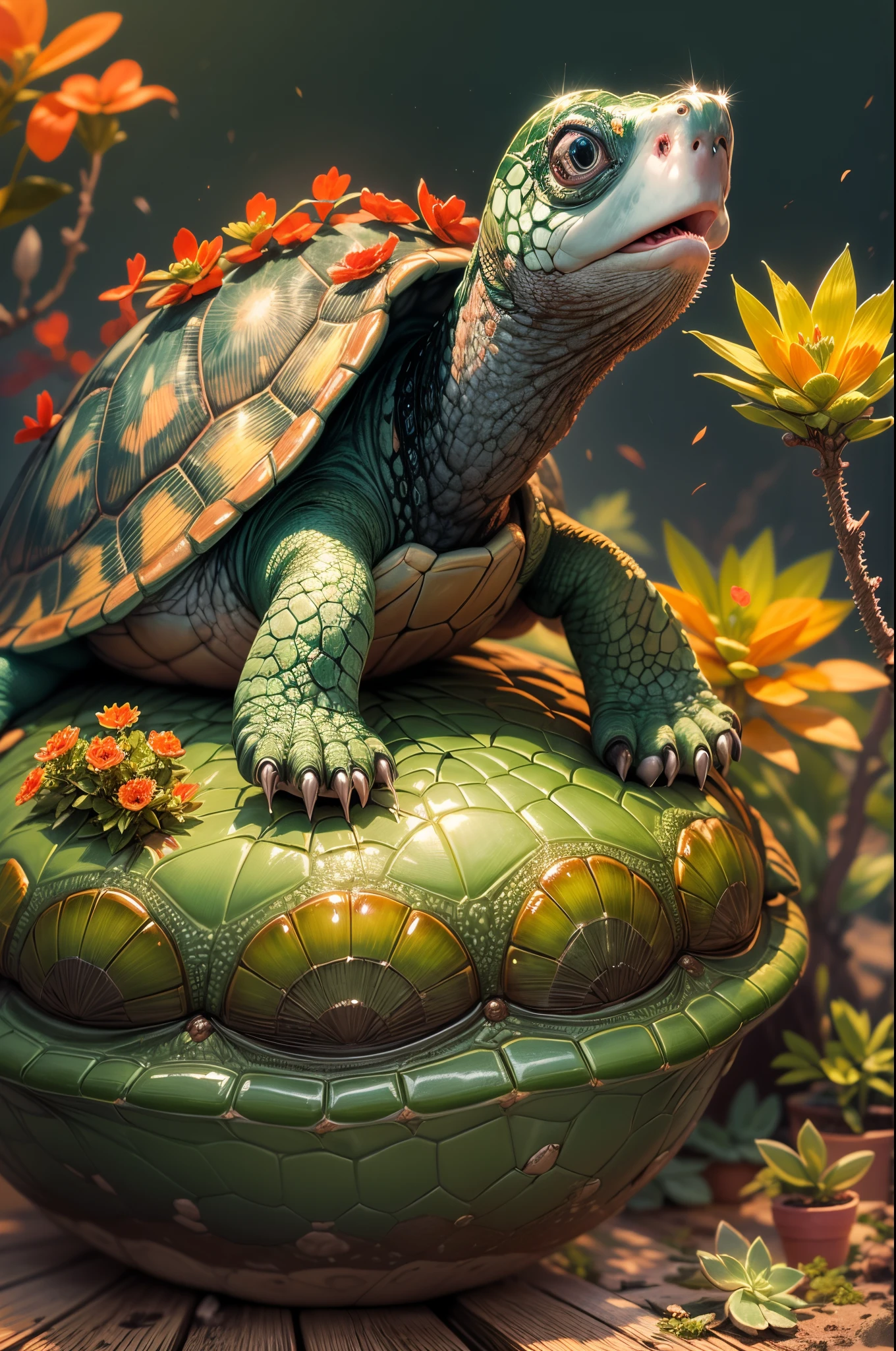 best quality,highres,ultra-detailed,cute turtle carrying out a succulent plants image,Succulent plants,green leaves,rounded shape,thick stems,variety of textures and colors,hairy surface,detailed patterns,grow in a pot,small size,plenty of sunlight,bright and vibrant colors,delicate and intricate details,soft and smooth texture,lush and healthy appearance,nurturing and caring environment,sturdy and strong turtle shell,adorable and friendly expression,curious and playful behavior,moving with agility and grace,harmonious combination of nature and animal,sharp focus on the turtle and plants,realistic depiction of the succulent plants,impressive rendering of the turtle's shell,artistic portrayal with vivid colors,perfect balance of light and shadow,studio lighting highlighting the main subject,enhanced depth of field creating a three-dimensional effect,exquisite attention to detail,expressive emotions captured in the turtle's eyes,artistic interpretation of nature's harmony.