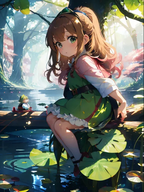 Beautiful river and big lotus leaves in the forest,The plants around her are many times larger than the girl..,lotus leaf boat,A little dwarf girl is riding on a lotus leaf boat。,Princess Oyayubi,fluffy voluminous hair,Pretty Princess,lightbrown hair,fluff...