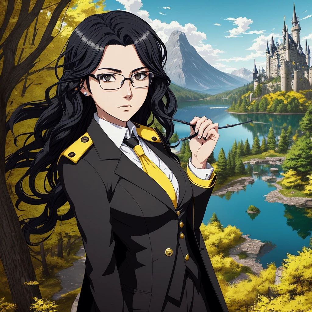 anime style, a portrait of a female character with short blue-black wavy hair, round glasses, with black eyes, wearing a black tailcoat with yellow details, a slim yellow tie with black details, a black cape with yellow details, with a badger button, with the scenery of a castle, forest, black lake