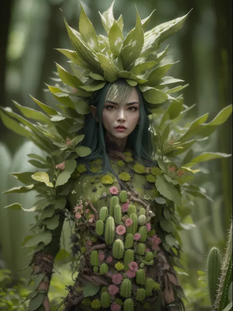 angry cactus dryad in the forest. cactus flowers， the face is very detailed, 詳細な目， clothes made from leaves and bark.