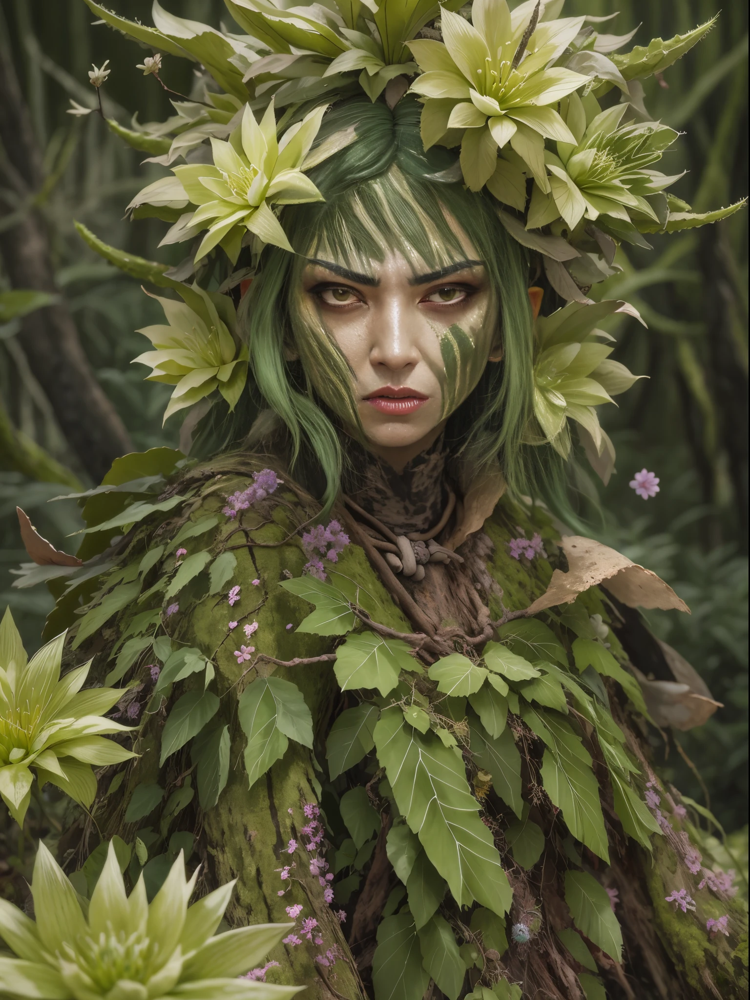 Злая кактусовая дриада в лесу. Цветы кактуса， Лицо очень детальное, подробные глаза， одежда из листьев и коры.