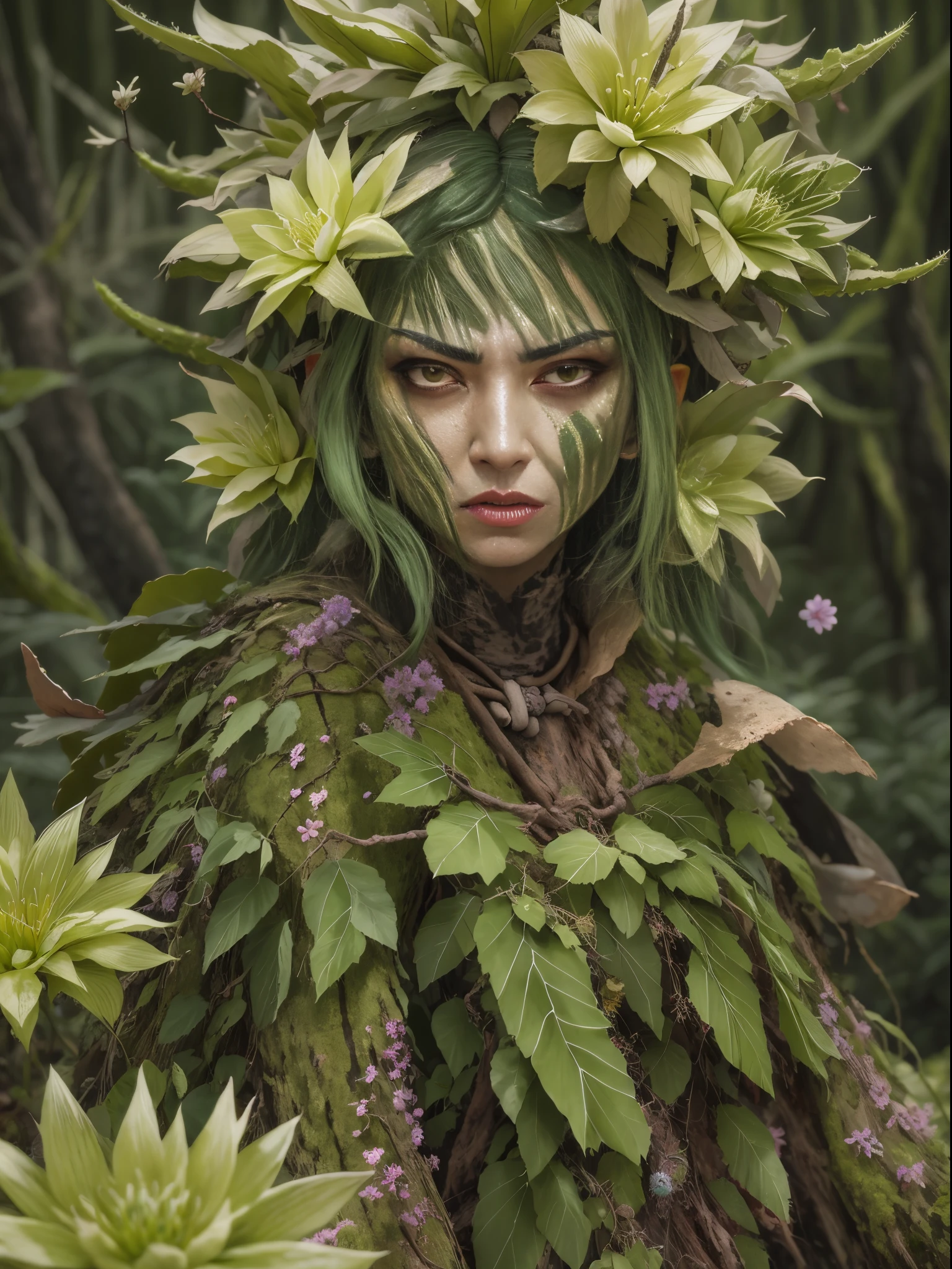 Dríada de cactus enojada en el bosque. flores de cactus， La cara es muy detallada., ojos detallados， Ropa hecha de hojas y corteza..