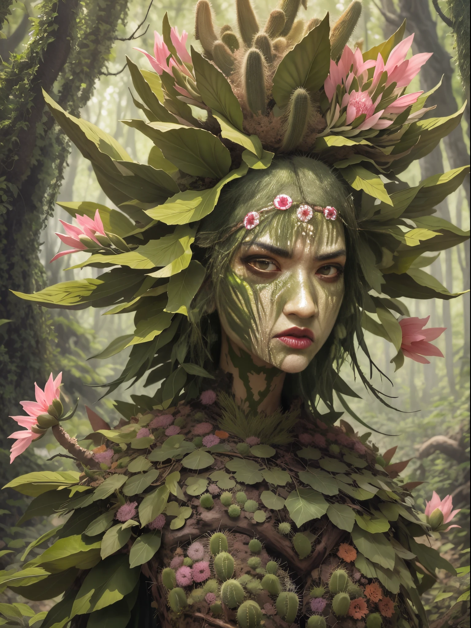 Злая кактусовая дриада в лесу. Цветы кактуса， Лицо очень детальное, подробные глаза， одежда из листьев и коры.