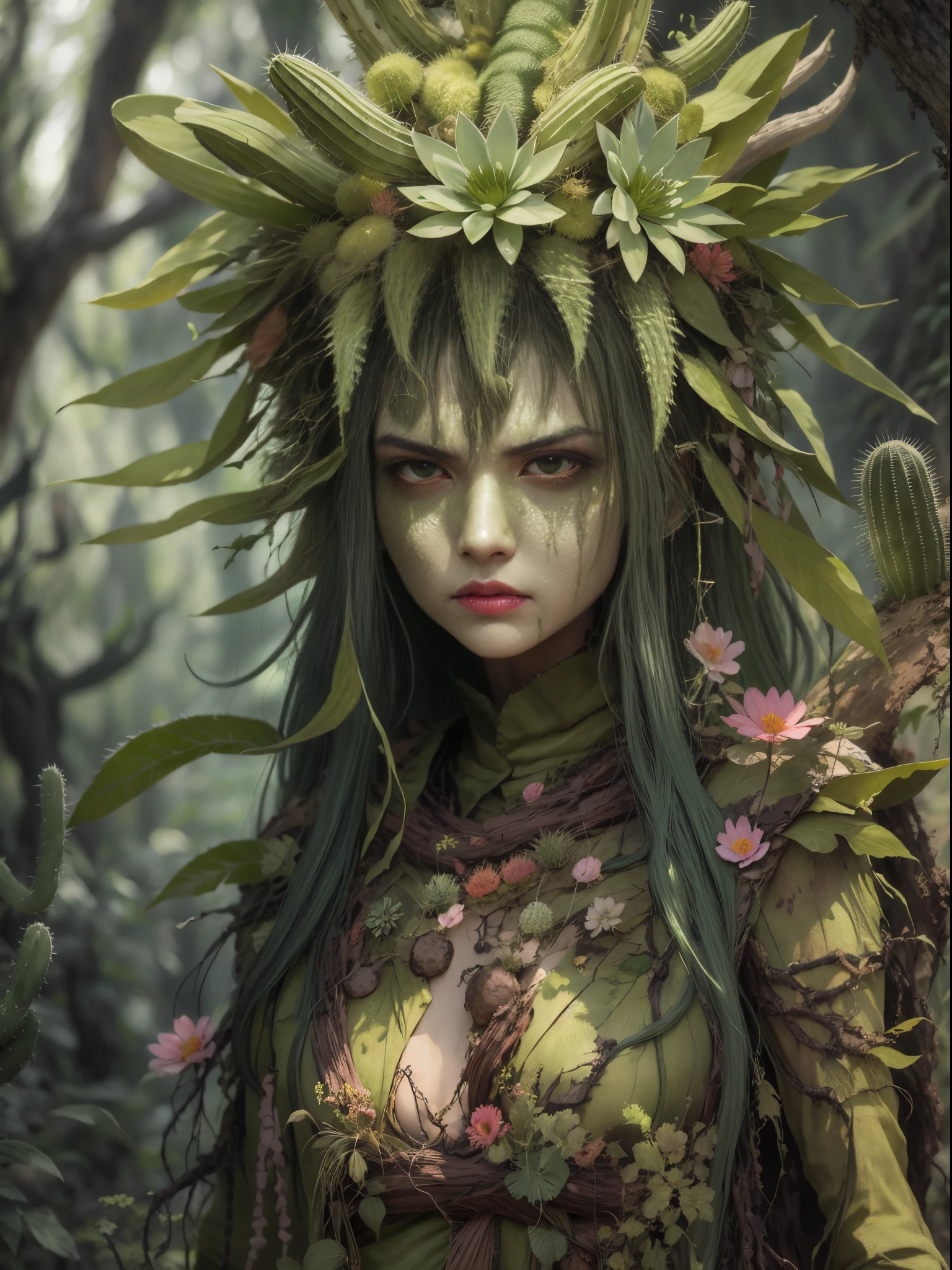Злая кактусовая дриада в лесу. Цветы кактуса， Лицо очень детальное,Вода на лице， подробные глаза， одежда из листьев и коры.