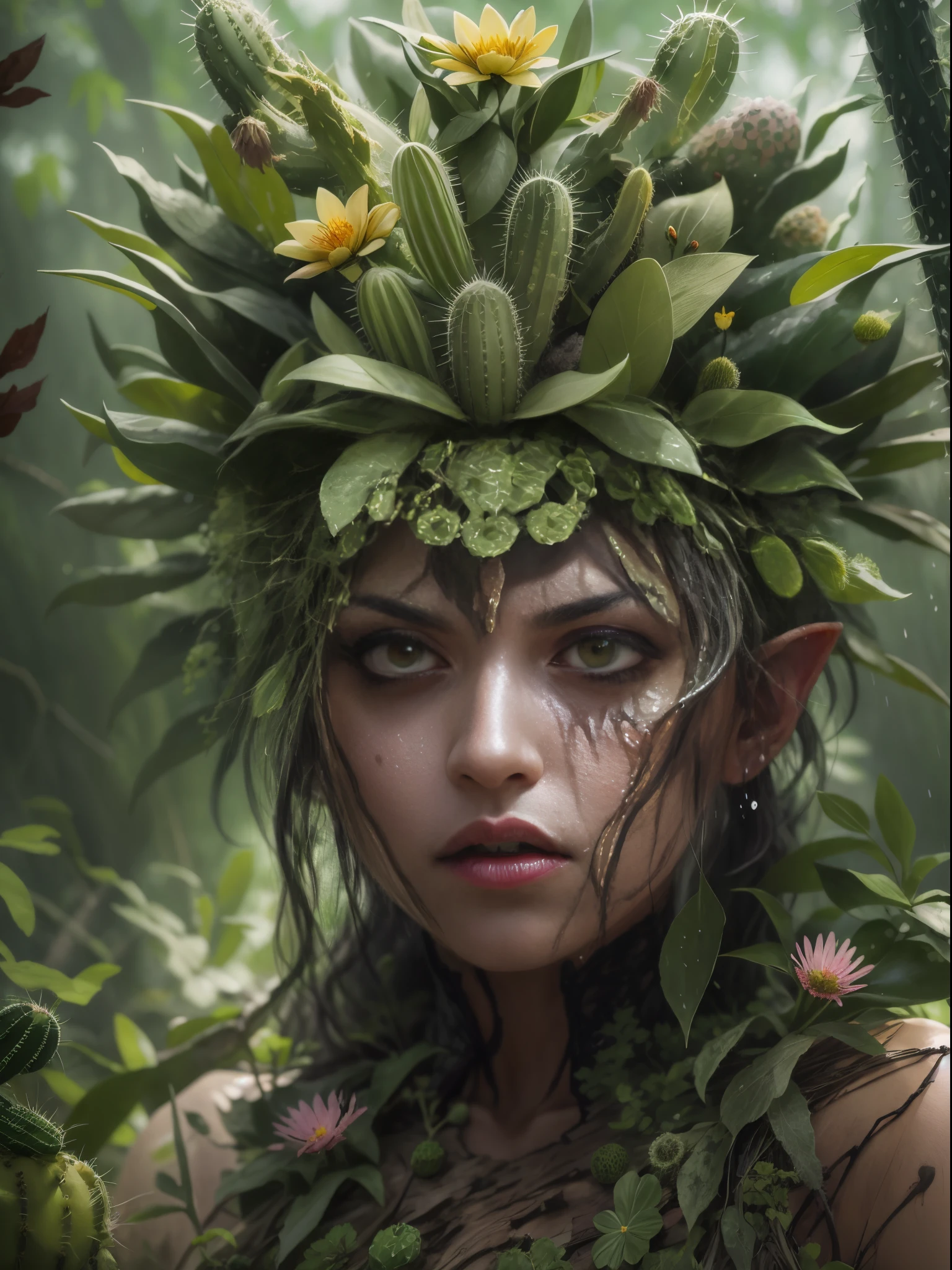 숲속의 화난 선인장 드라이어드. 선인장 꽃， 얼굴이 엄청 디테일하네요,얼굴에 물， 상세한 눈， 나뭇잎과 나무껍질로 만든 옷.