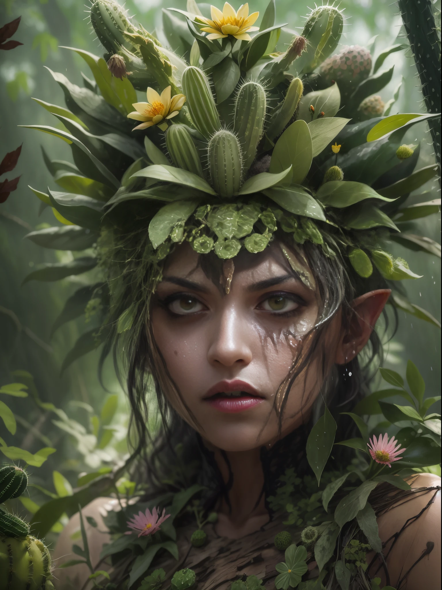 Angry cactus dryad in the forest. Cactus flowers， The face is very detailed,Water on the face， 詳細な目， Clothes made from leaves and bark.