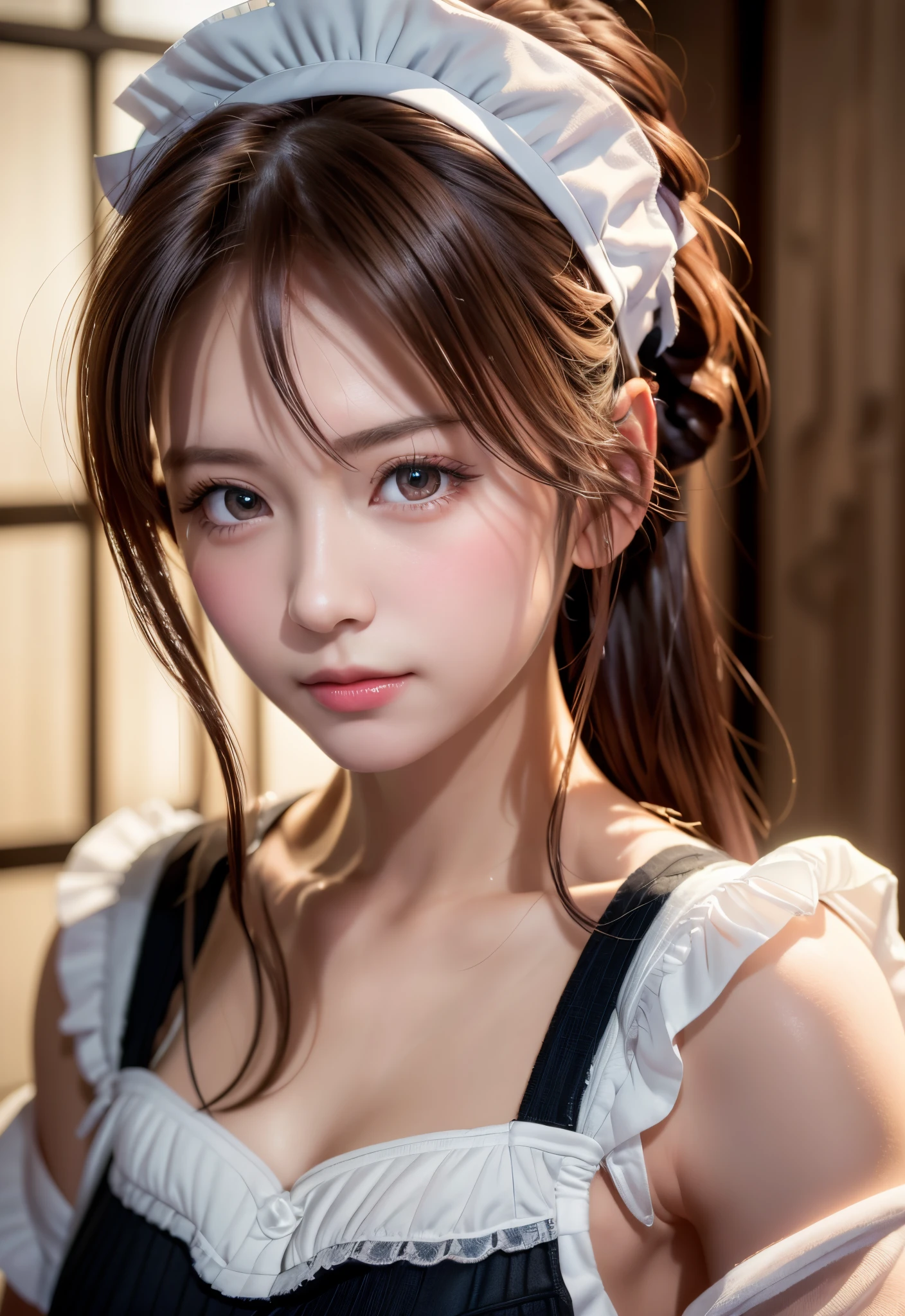8K, of the highest quality, masutepiece:1.2), (Realistic, Photorealsitic:1.37), of the highest quality, masutepiece, Beautiful young woman, Pensive expression,、A charming、and an inviting look, Cute Maid Clothes, Hair tied back, Cinematic background, Light skin tone
