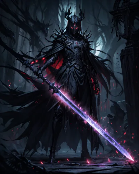 In a dark and oppressive scenario, a character appears inspired by Guts, from Berserk, but even darker and more terrifying. His hair is long and black, as are his arms, creating a sinister appearance. His intense red eyes radiate an evil aura, conveying th...