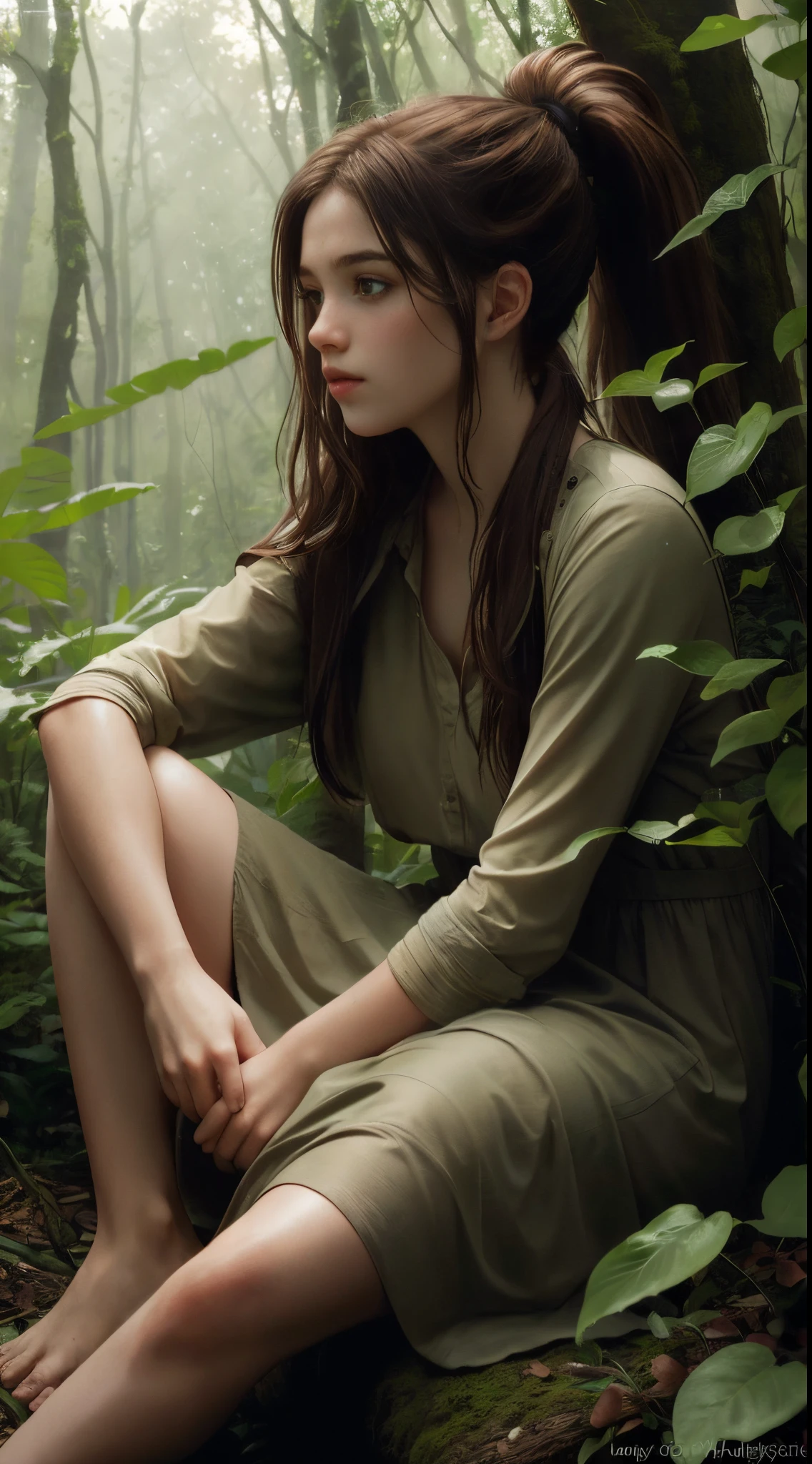 (傑作, 最高品質: 1.3) エリー・トロウ, 1 女の子, 茶髪, 長い髪, ポニーテール, 座っている, 森に捨てられた, 緑の植物, 柔らかな照明, 現実的, 滑らかな顔, 全身写真, 胴体, ドレス, 完璧な目, クリア