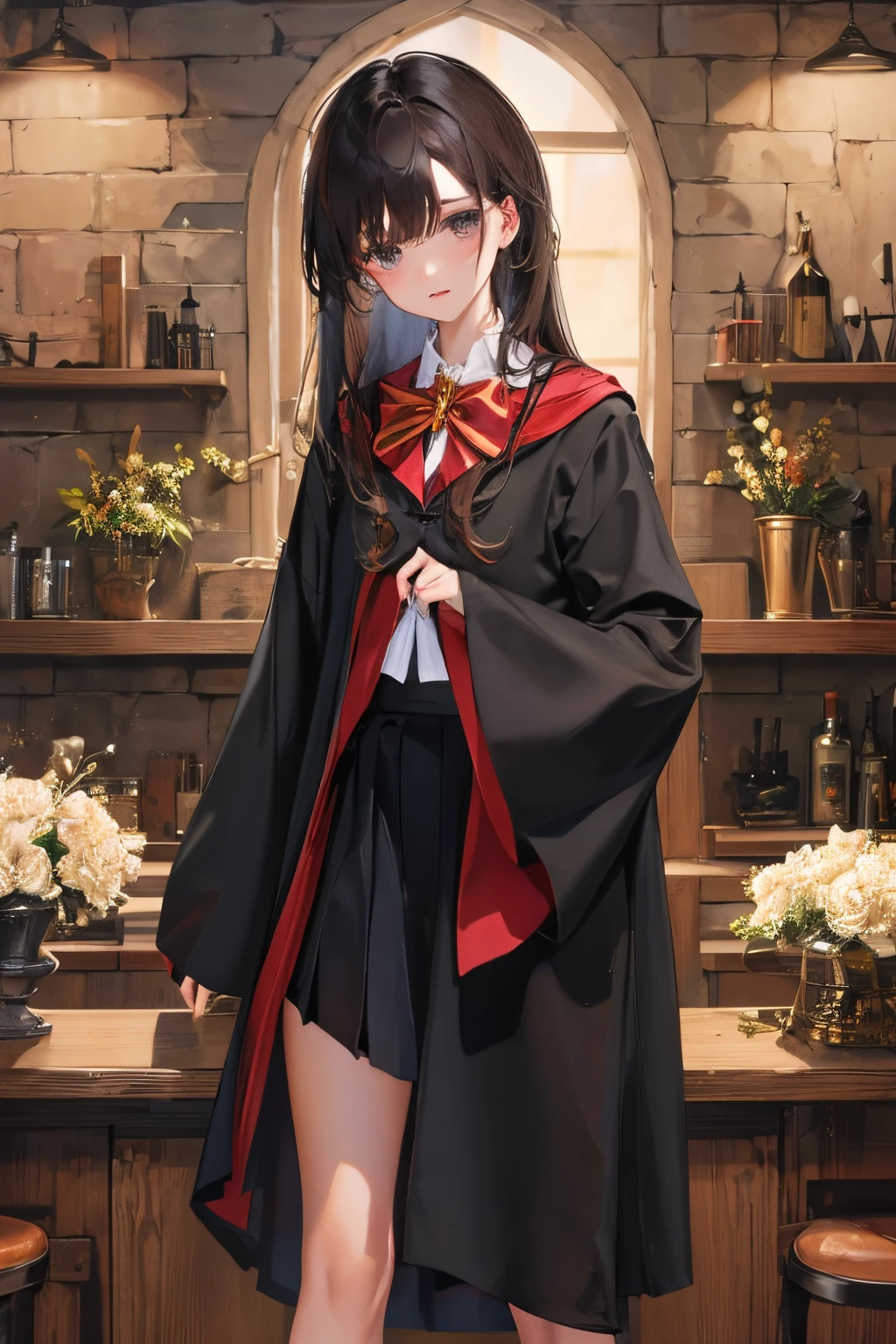 Masterpiece、top-quality、girl1、ultra-detailliert　A dark-haired、straight haired　Hogwarts Uniform、cana　Soft thighs、panties on　skirt rift、skirt lift by yourself　Background with、Inside the castle