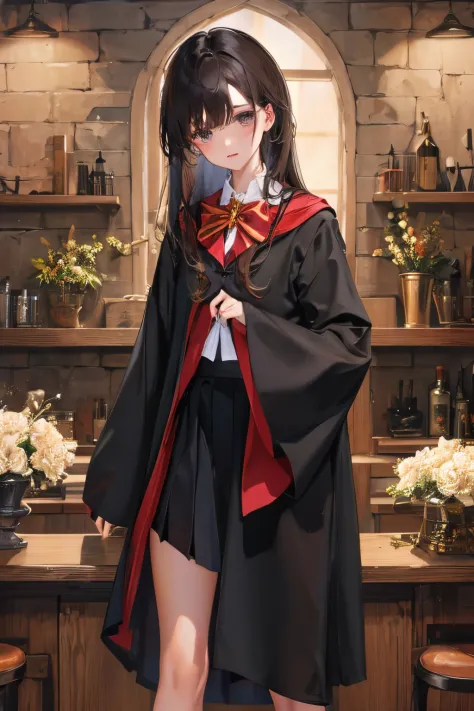 masterpiece、top-quality、girl1、ultra-detailliert　a dark-haired、straight haired　hogwarts uniform、cana　soft thighs、panties on　skirt...