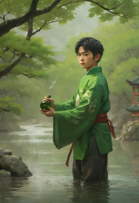 The boy holds the Umemi sake bottle，The other hand holds a sword，Under the green plum tree by the river，casting magic，Wearing a ...