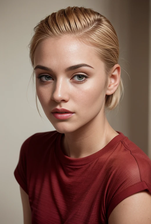 RAW photo, 50 mm, color graded portra 400 film, cinematic colorgrading, frontal full-body shot from high angle,portrait of a beautiful blonde woman wearing a red shirt, (red slick undercut hair:1.1), she is wearing an (old t-shirt:1.1) and cropped pants, focus on eyes, perfect (grey:0.01) eyes, mascara,highly detailed skin, skin blemish, (textured skin, skin pores:1.2), oiled shiny skin:0.6), (moles:0.8), (imperfect skin:1.1), intricate details, goosebumps, (light freckles:0.3), remarkable detailed pupils, realistic dull skin noise, visible skin detail, skin fuzz, dry skin, (blush:0.5), (goosebumps:0.5), subsurface scattering, 8k, uhd, ultra high quality, dslr, soft lighting, film grain, dark, muted colors, chiaroscuro, dim atmosphere,