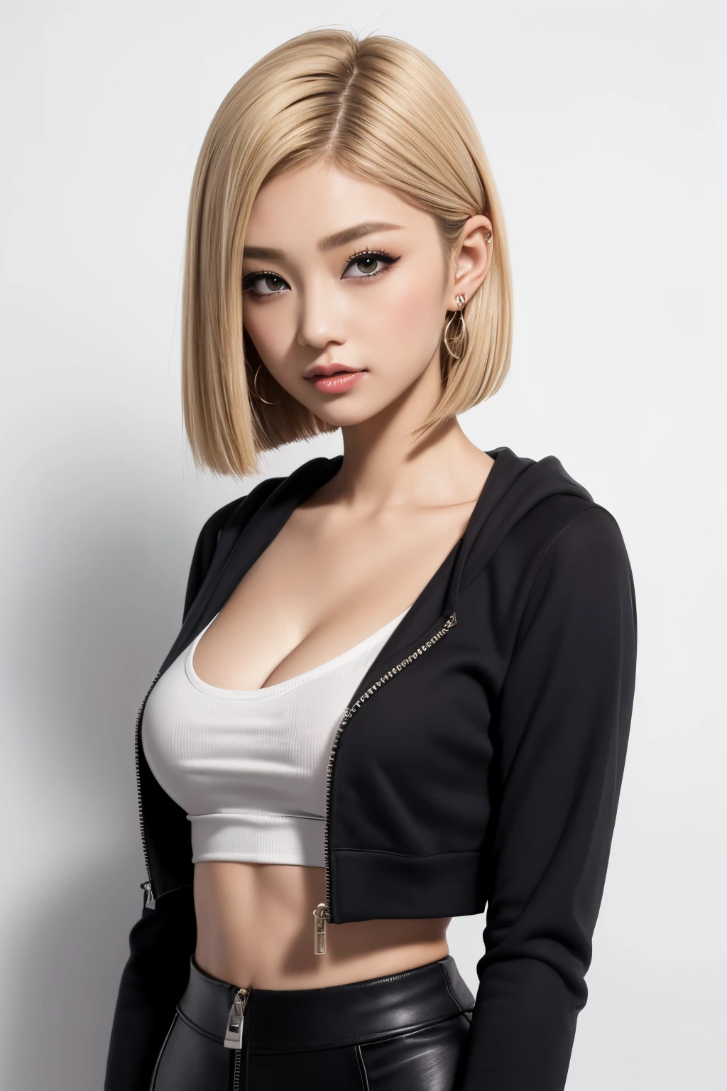 8K RAW photos, 17-year-old cool Korean, big round breasts, cleavage, cropped length zip hoodie with open front, cropped length top, skirt, beautiful eyes in detail, eyelashes, beautiful double eyelids, eyeshadow, slit eyes, perfect eye makeup, seductive smile, beautiful thin legs, bright blonde hair, bob cut, earrings,