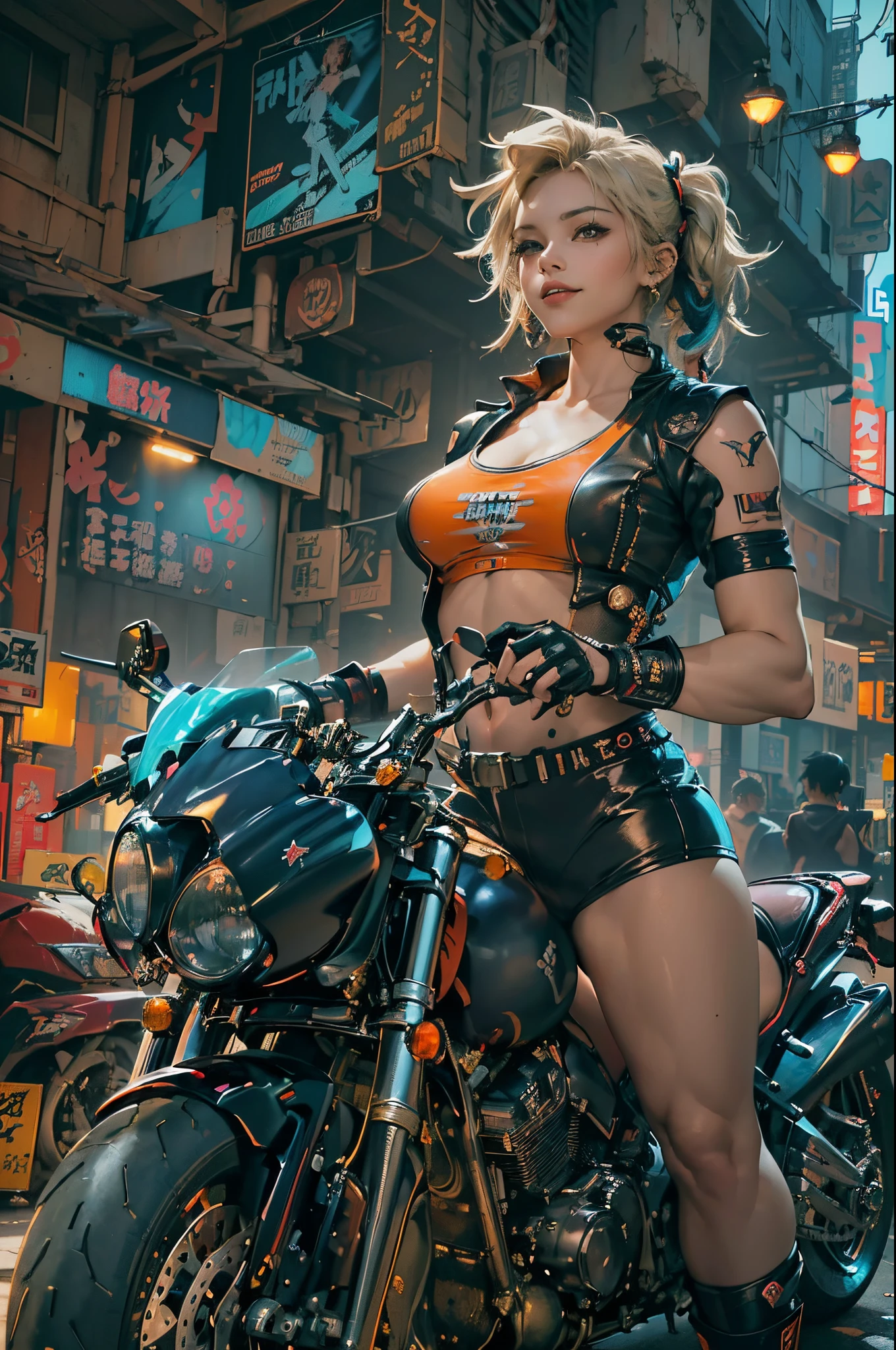 （(His works have won many awards, With incredible details, textures and maximum detail，(Photorealistic)，)）, ((1female，((Stand in front of the motorcycle)), ((Get on a motorcycle))，(((harley davidson motorbike)))，(((the right motorcycle：1.7)))，(((Correct ratio of people to vehicles：1.6)))， eye-catching accessories, Stylish and innovative hairstyle)),（(Teenage girl，girl，((confident smile))，dressed in：((Harajuku style fashion, ))，((Slim sexy girl))，)))， (Full-body image:1.2), (The upper part of the body:0.4), (The best quality real textured skin), ((five perfect and beautiful fingers)), (Anatomically correct limbs and physique:1.5), (Exquisite, round and symmetrical eyes), (exquisite and beautiful face:1.6), ((A detailed face)), ((Background with：(bedazzled，cyberpunk city landscape, skyscrapper, neonlight, LED lights)))， the complex background, (Complicated details:1.1)，))， ((Bright and vivid color scheme))，((dynamic viewing angle+dynamic combination))，((Big breasts are beautiful，sexy legs))，cyber punk style，Harajuku style popular cyberpunk girl, City,（Harley）