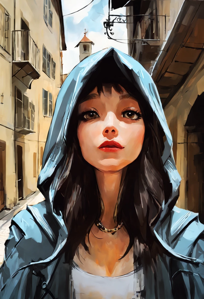 stunning ink painting art of lovely lady in Assassin Hood on the old town. Epic Impressionist, Maximalist Masterpiece, dye-based, acrylic ink, Thick Brush Strokes, fusion color, digital art, opaque. By Choky Sinam