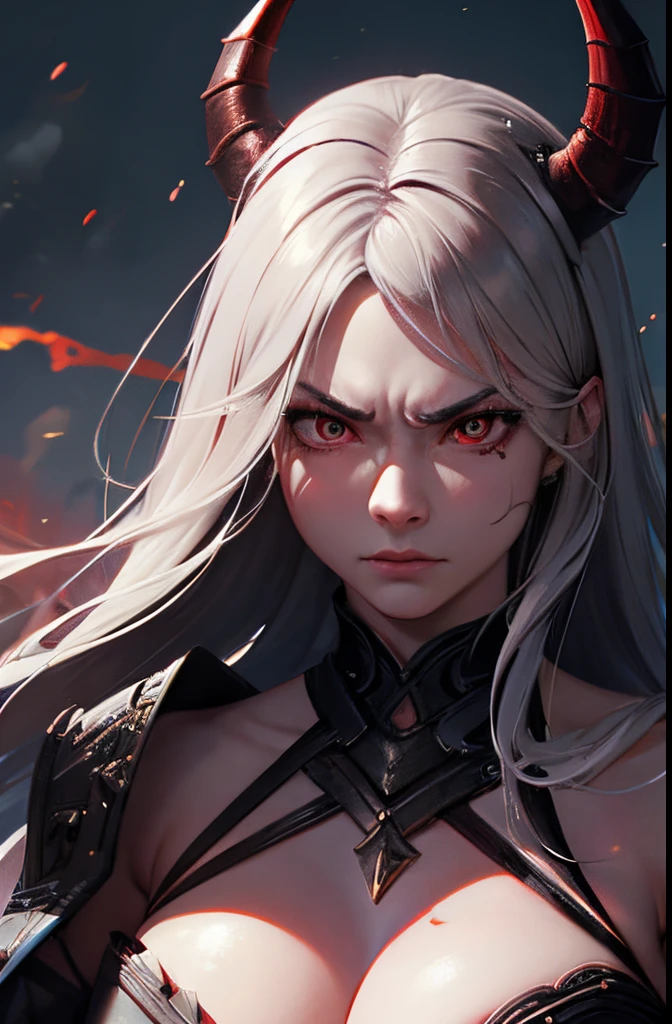 A Hyperrealistic, Female Demon warrior at hell, Perfect Body, Perfect Face, Angry