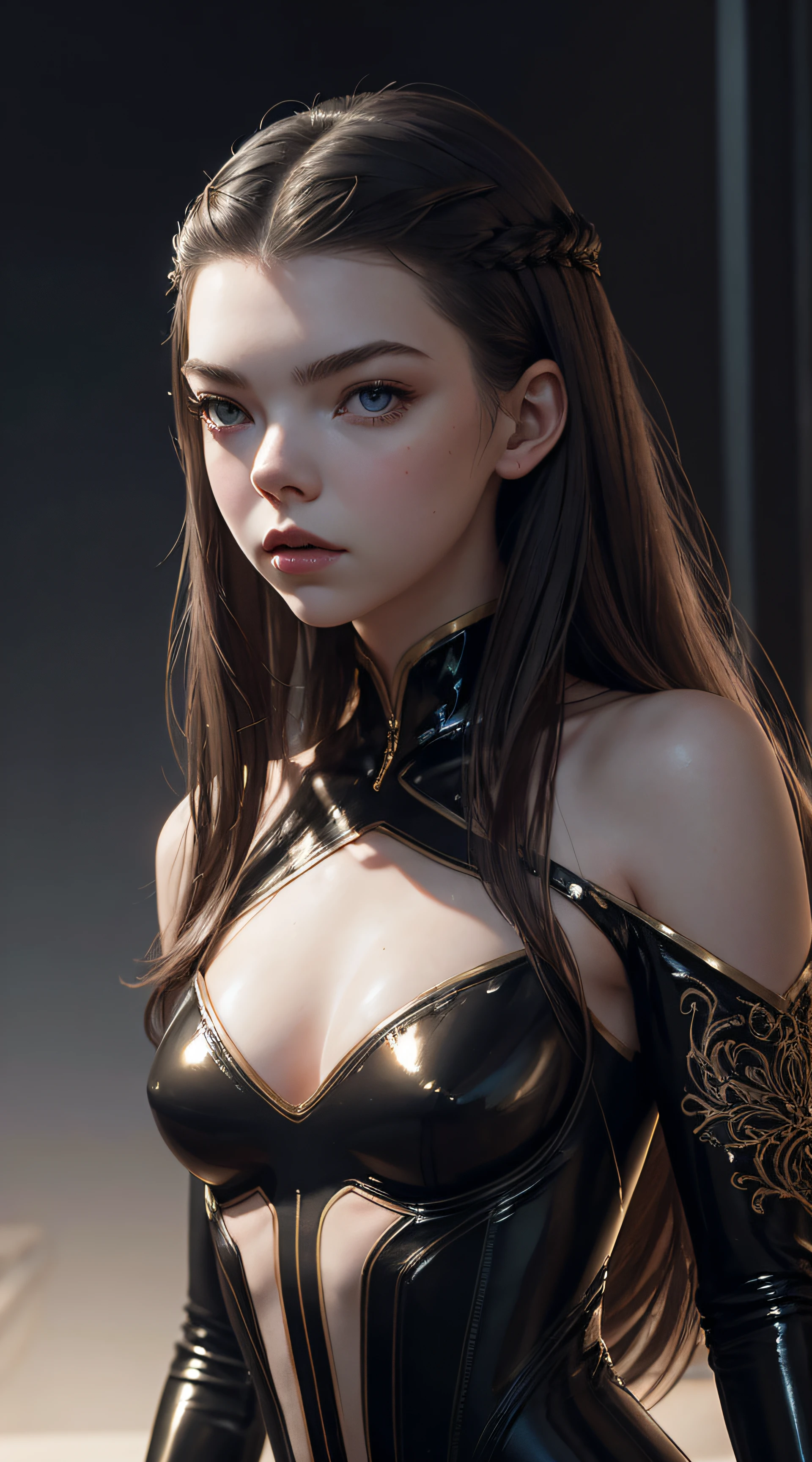 Anya Taylor-Joy, nude latex sexy clothes, character portrait, 4 9 9 0 s, long hair, intricate, elegant, highly detailed, digital painting, artstation, concept art, smooth, sharp focus, illustration, art by wlop, charlie bowater and alexandra fomina