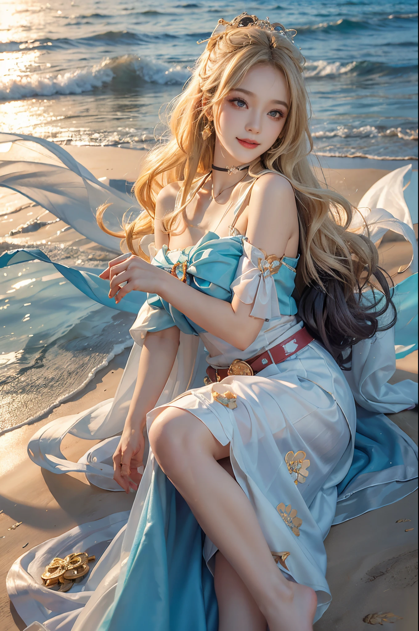 ((current)), A young girl, beuaty girl, Beauty in period costume, Hanfu, Draped in silk, Flower, high-waist, nice belt, cropped shoulders, Slim, Slimming the waist, high-heels, the shy, grinning smile, ear nipple ring、choker necklace、hair pin，heavy  makeups，Gorgeous eye makeup，Extremely beautiful eyes, coiffed blonde hair, curlies, long and flowing hair, early evening, eventide, Seafront, On the sandy beach, walking in sea water, flirty skirt, Mess up your hair, Posing for photos, Pose gracefully, Random shooting angle, warmly lit, Warm color palette, profesional lighting, Photon Mapping, Radio City, physically-based renderingt, RAW photogr, Best quality at best, beauitful face,  Beautiful skins， Attractive， Ultra-high resolution， ultra real photo