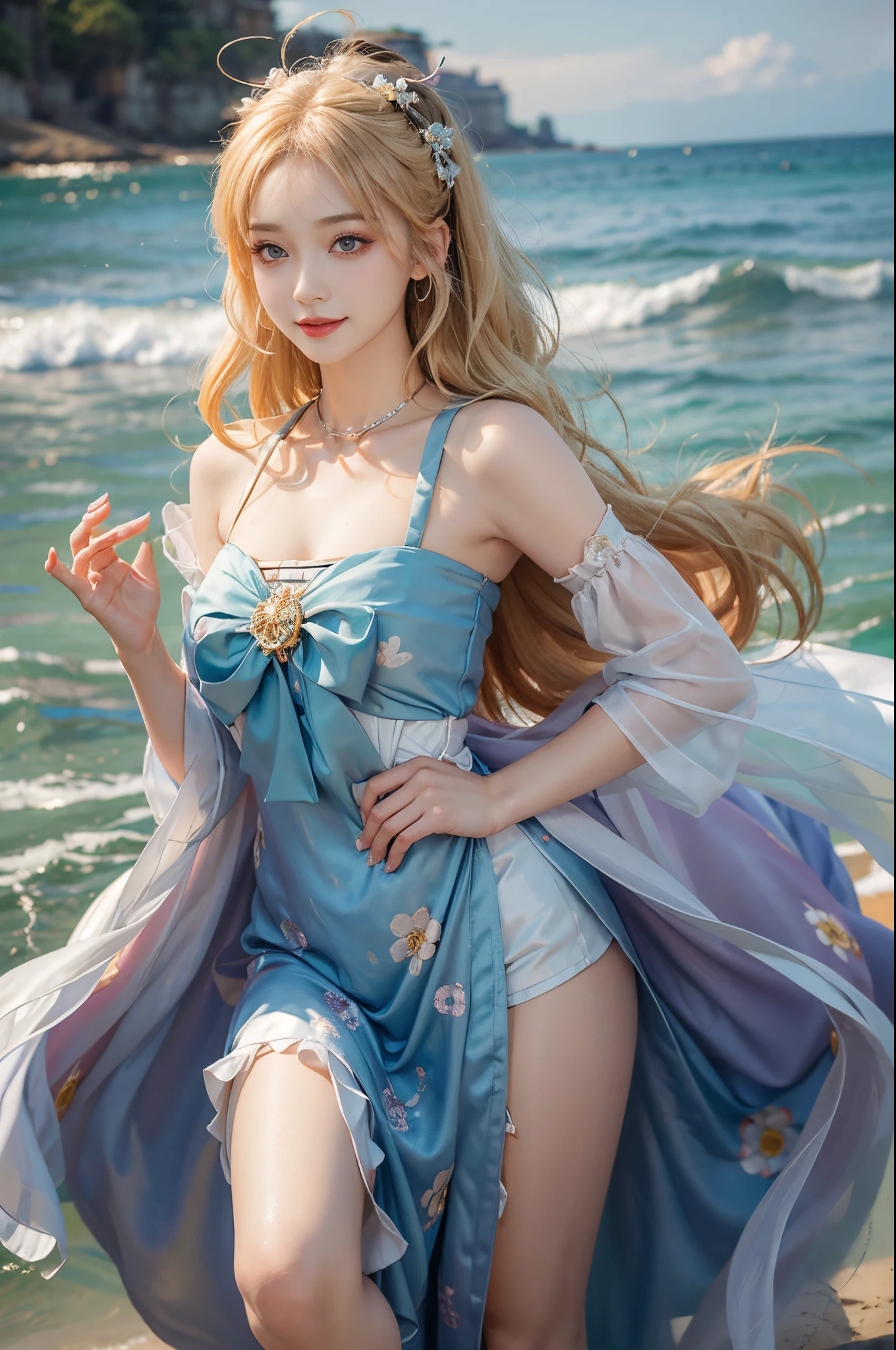 ((current)), A young girl, beuaty girl, Beauty in period costume, Hanfu, Draped in silk, Flower, high-waist, nice belt, cropped shoulders, Slim, Slimming the waist, high-heels, the shy, grinning smile, ear nipple ring、choker necklace、hair pin，heavy  makeups，Gorgeous eye makeup，Extremely beautiful eyes, coiffed blonde hair, curlies, long and flowing hair, early evening, eventide, Seafront, On the sandy beach, walking in sea water, flirty skirt, Mess up your hair, Posing for photos, Pose gracefully, Random shooting angle, warmly lit, Warm color palette, profesional lighting, Photon Mapping, Radio City, physically-based renderingt, RAW photogr, Best quality at best, beauitful face,  Beautiful skins， Attractive， Ultra-high resolution， ultra real photo