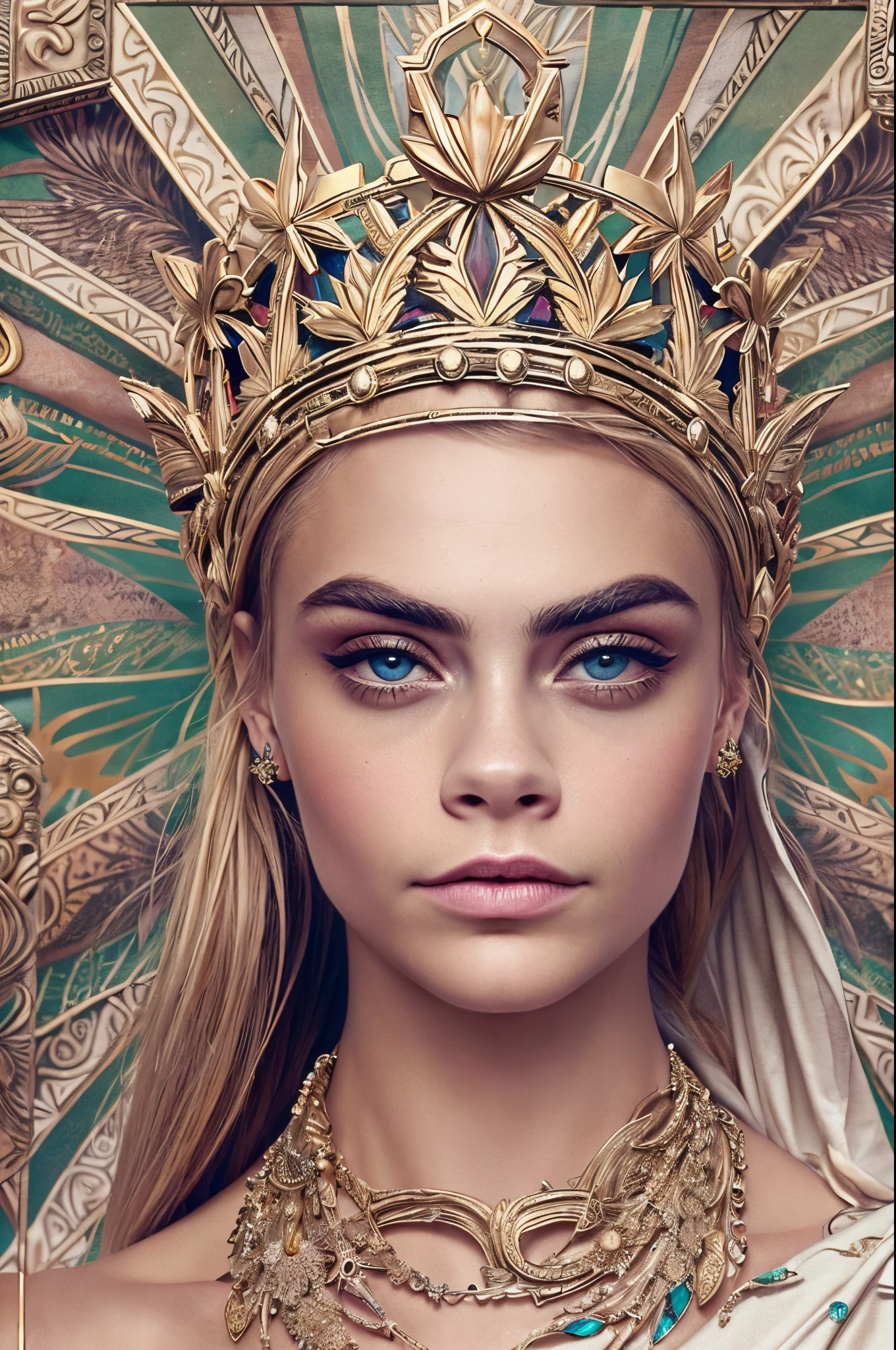 "Imagine an AI-generated masterpiece that transforms Cara Delevingne into a modern interpretation of a Greek goddess. Envision her draped in ethereal robes adorned with contemporary yet mythically inspired patterns. Picture her with a regal crown that seamlessly blends modern fashion with ancient Grecian elegance. Surround her with an aura of celestial light, as if she embodies the essence of a deity. Incorporate subtle nods to her distinctive features and personality, merging the worlds of high fashion and divine mythology. The final image should be a captivating blend of classical grace and contemporary allure, showcasing Cara Delevingne as a goddess for the modern age."