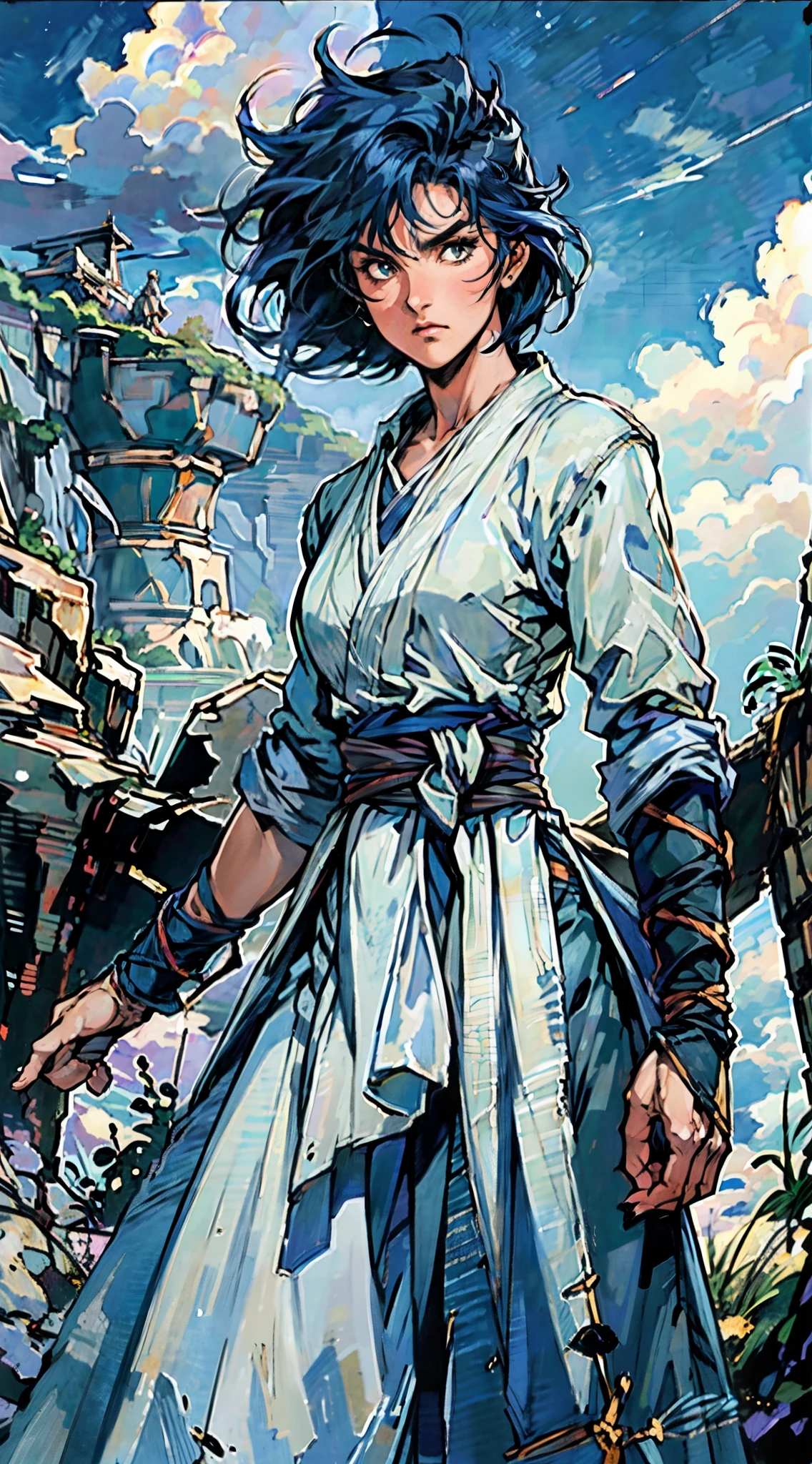 A young women, indigo blue hair, raised and fluffy short hairstyle, sharp gaze, a serious expression, a fantasy martial arts style sky-blue fabric kung fu outfit, tattered sleeves, hands wrapped with cords, a linen belt tied around the waist, coarse fabric trousers, on the cliff in the darkness of the night, this character embodies a finely crafted fantasy martial arts-style fighter in anime style, exquisite and mature manga art style, high definition, best quality, highres, ultra-detailed, ultra-fine painting, extremely delicate, professional, anatomically correct, symmetrical face, extremely detailed eyes and face, high quality eyes, creativity, RAW photo, UHD, 8k, Natural light, cinematic lighting, masterpiece-anatomy-perfect, masterpiece:1.5