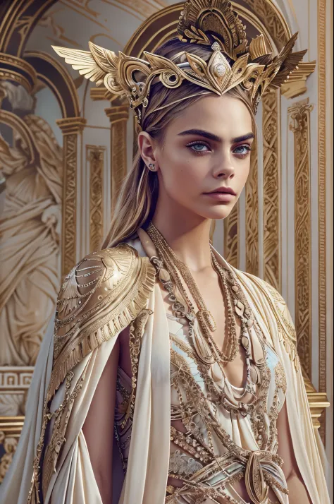 "imagine an ai-generated masterpiece that transforms cara delevingne into a modern interpretation of a greek goddess. envision h...