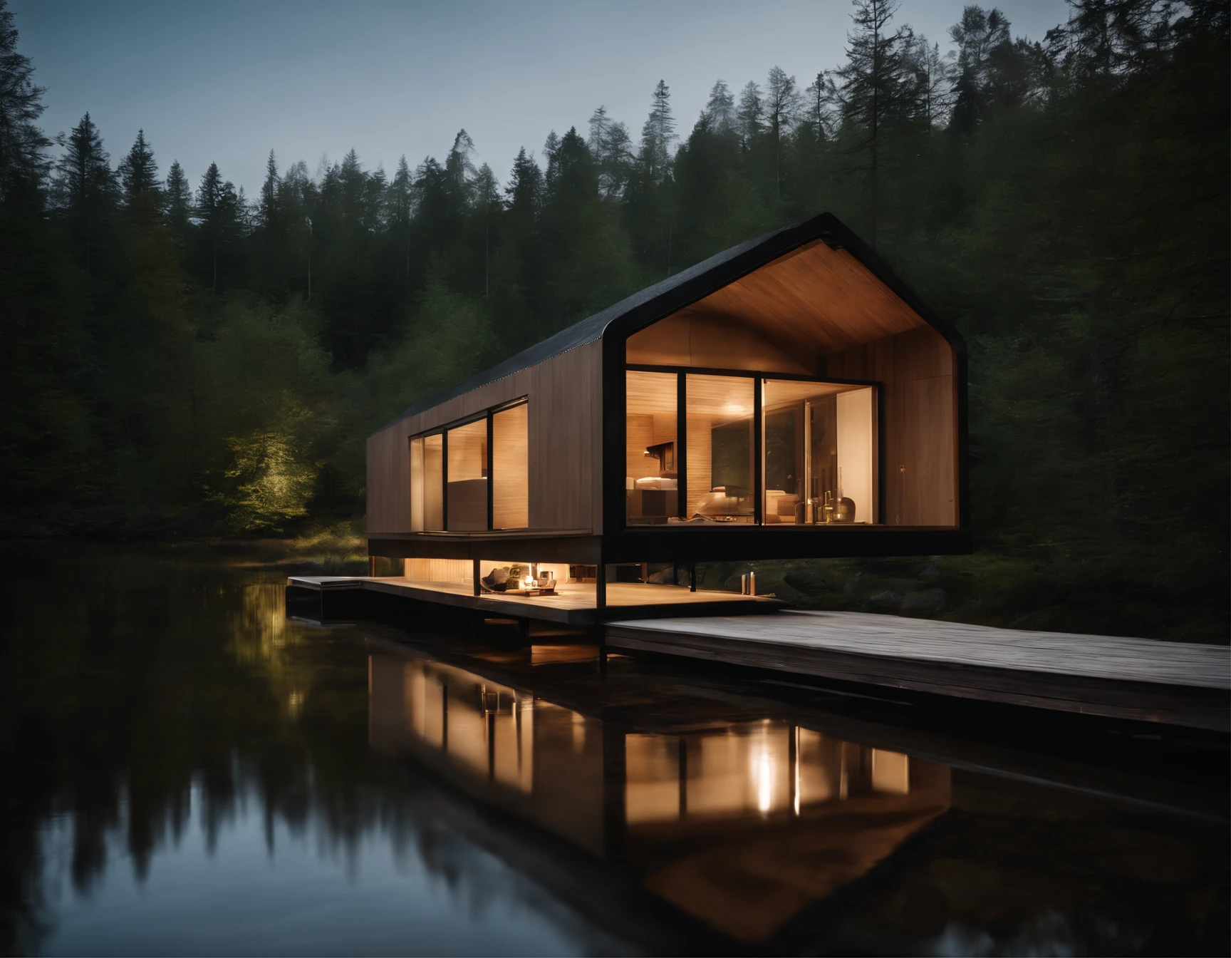 A view of a small house sitting on a dock next to a lake - SeaArt AI