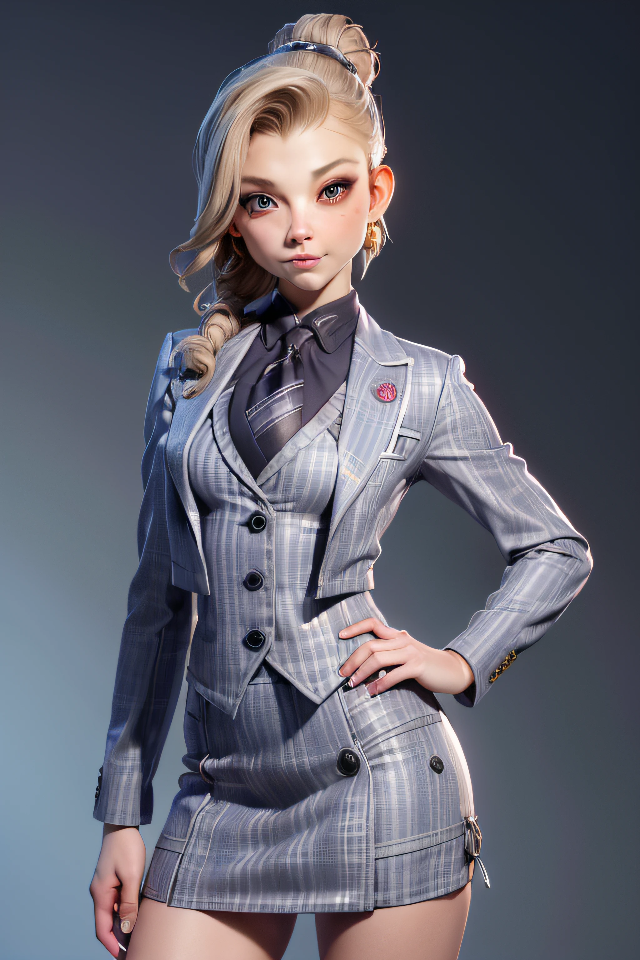 masterpiece, ,(solo:1.1), Natalie Dormer, perfect face, (bright lighting:1.2),beautiful detailed eyes, extremely detailed face, perfect lighting,masterpiece, best quality, ((mature female)), milf, 1 woman, (((light grey plaid skirt suit))), (((three-piece suit))), (((silk necktie))), windsor necktie, (((dress shirt))), (((blazer))), (((suit jacket))), (((waistcoat))), double-breasted waistcoat, (((bodycon miniskirt))), pencil skirt, tie clip, pocket watch, pocket square, cufflinks, solo focus, fully clothed, smartly dressed, smiling, elegant updo, hair up, messy hair bun,