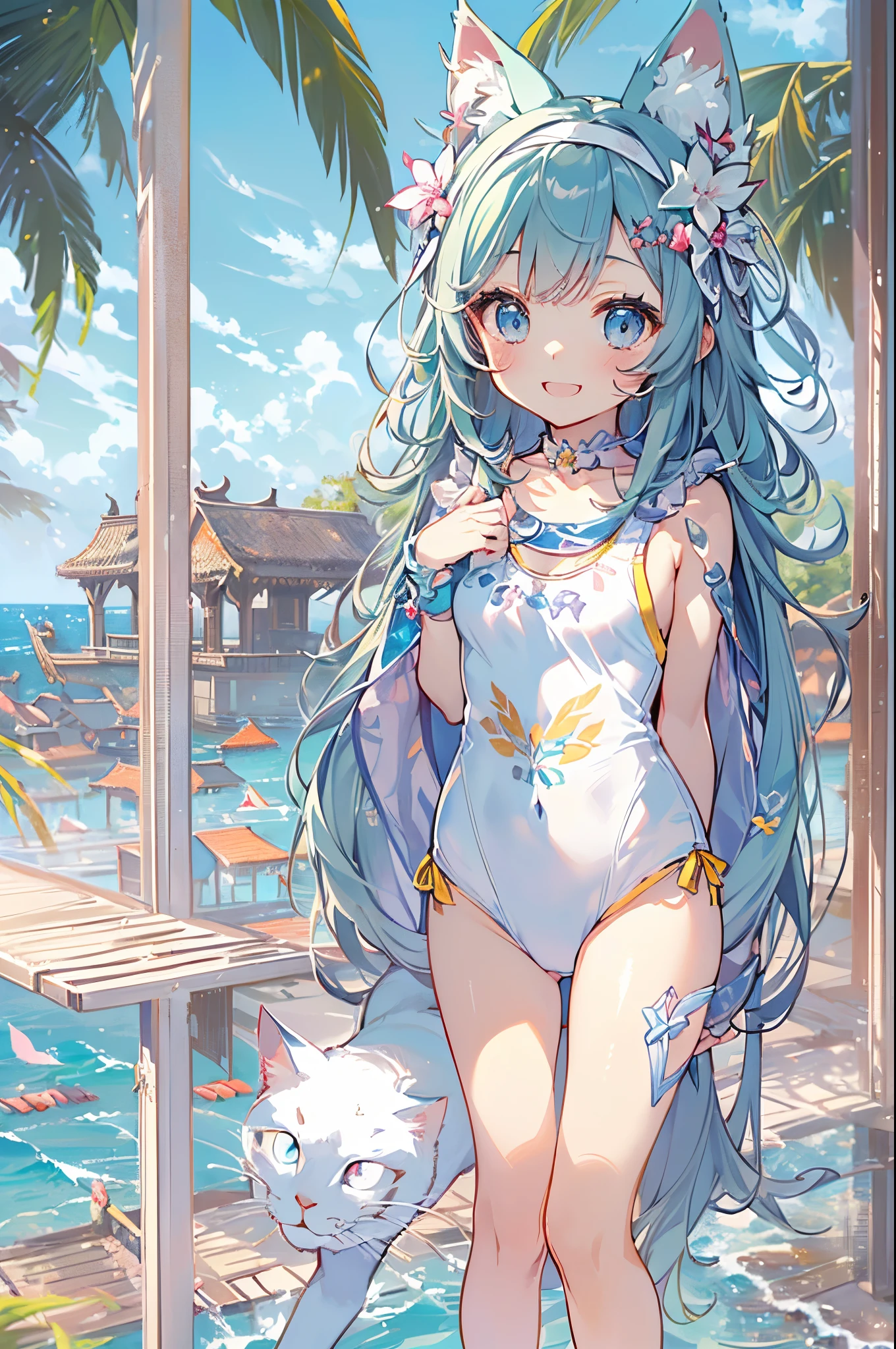 Anime girl with blue hair and a cat in a bathing suit - SeaArt AI